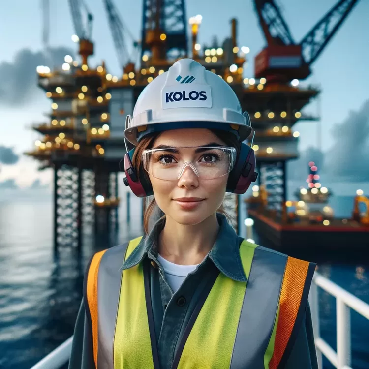 DALL E 2024 03 08 09 29 12 A professional image of a woman wearing safety gear including a hard hat with the text KOLOS clearly written on it safety glasses and a high visib